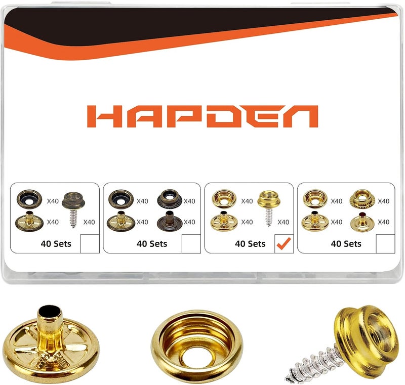 HAPDEN 160 Pcs Snap Buttons,Snap Fasteners Kit 15mm Stainless Steel Snaps Marine Grade Boat Canvas Snaps,3/8" Socket Metal Snaps for Clothing Leather Boat Cover Fabric (Gold) - Image 1